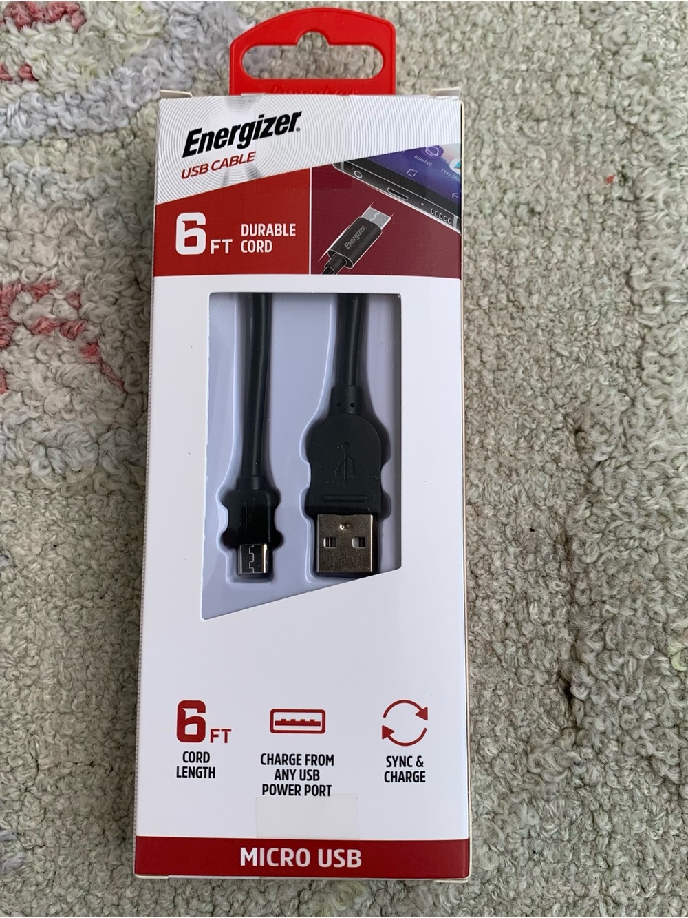 Energizer 6 ft. Durable Cord Micro USB Cable for Sync & Charge